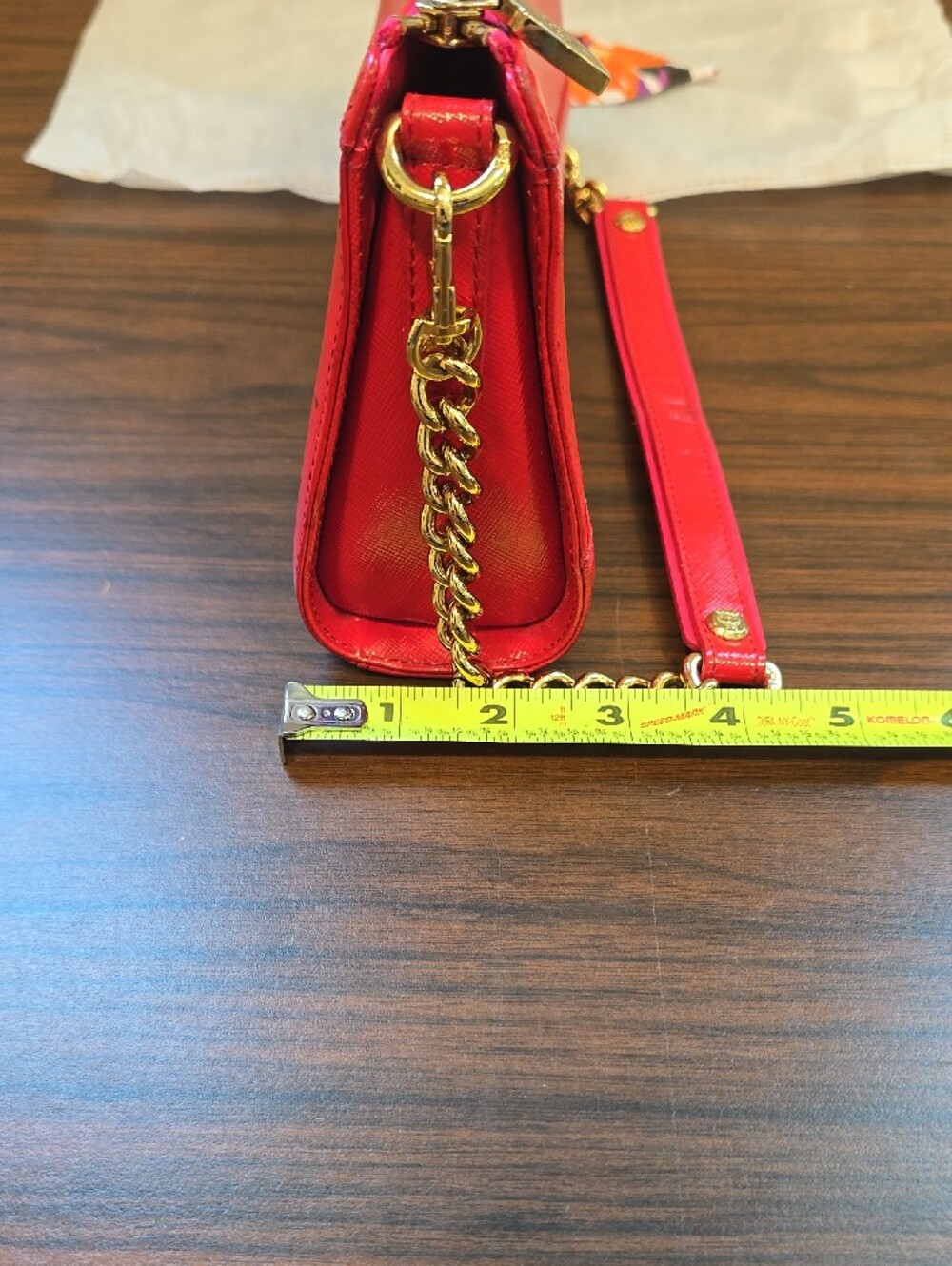 MCM Coral-Red Leather Shoulder Bag with Gold Chain - Picture 7 of 9